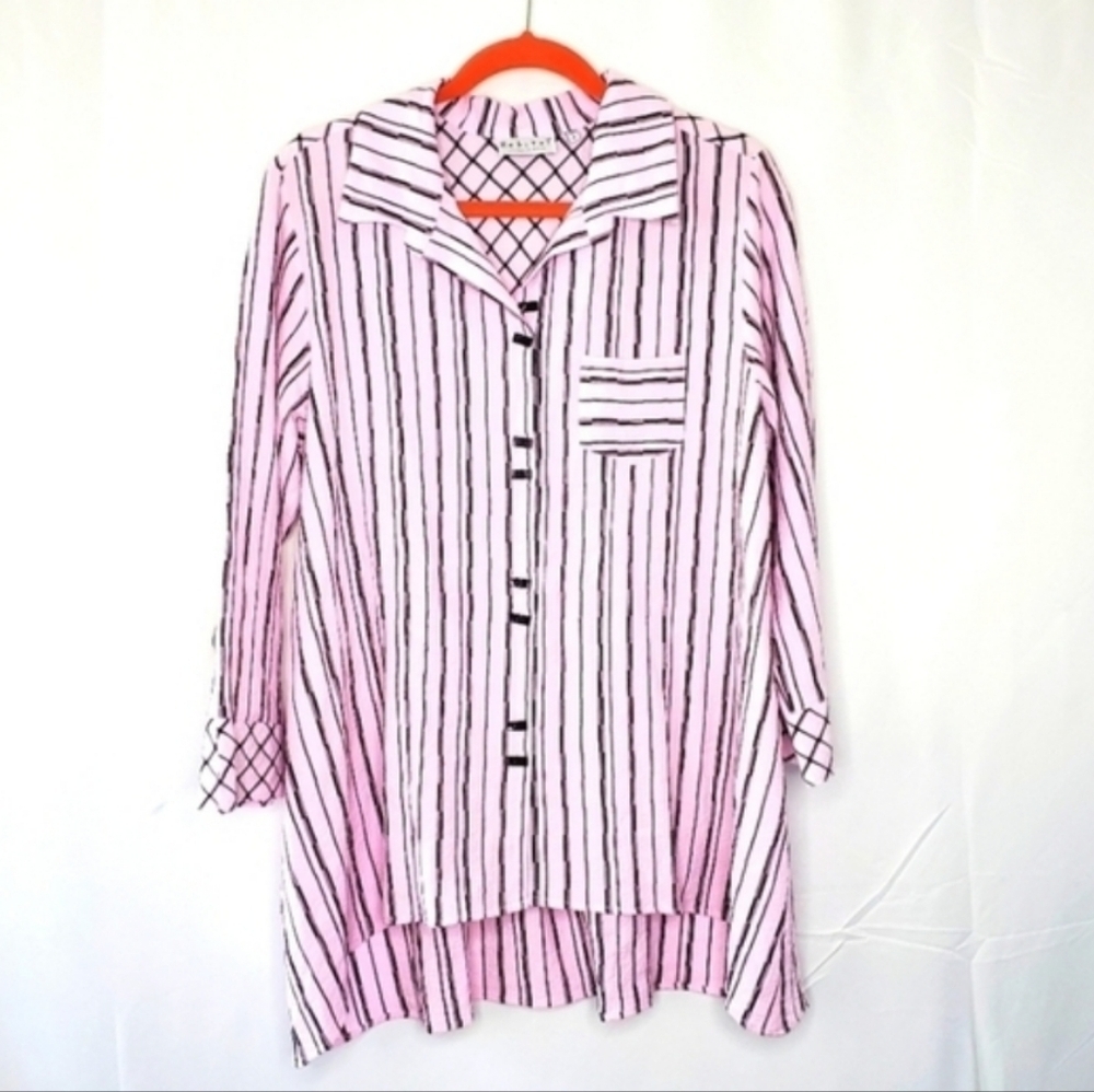 Habitat Striped Gauzy Tunic Size M Button-Up Pink Shirt Pocket Relaxed Lagenlook